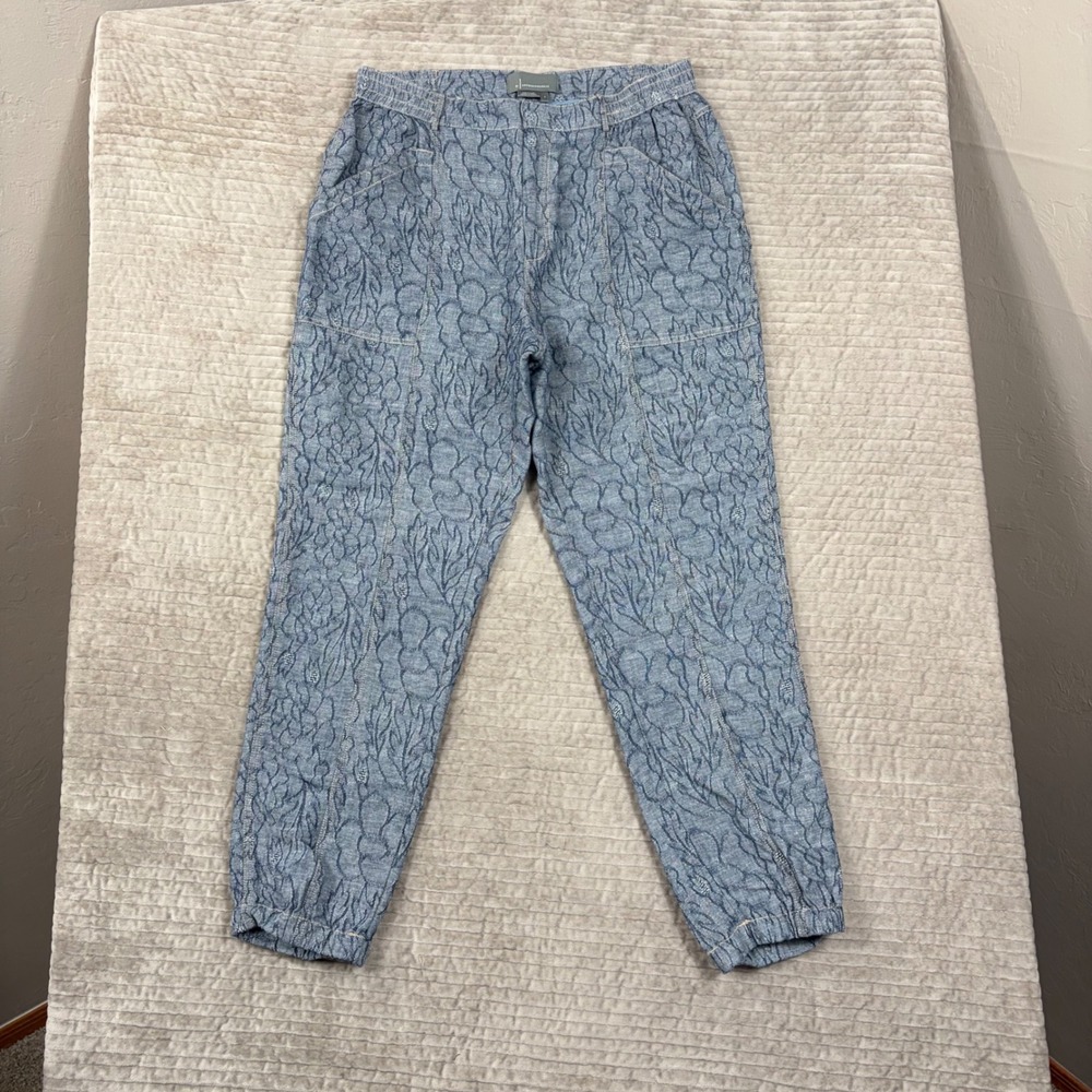 Anthropologie Blue Floral Jacquard Linen Cotton Jogger Pants Womens Small